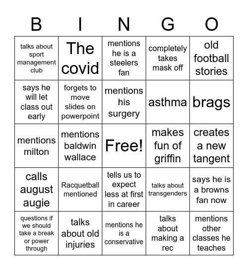 Dr. Miller Bingo Card