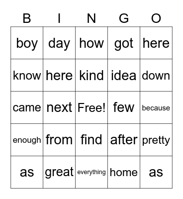 Snap Words A-H Bingo Card