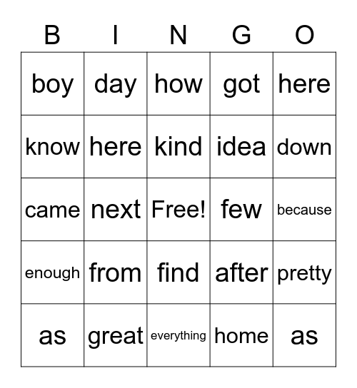 Snap Words A-H Bingo Card