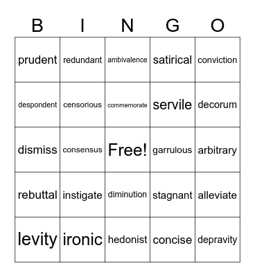 Vocabulary words Bingo Card