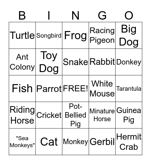 I Want A Pet . . .  Bingo Card