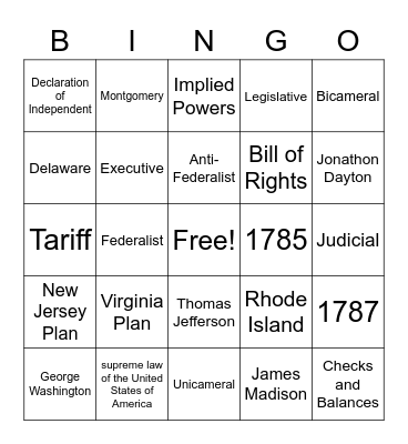 Federalist Era Bingo Card