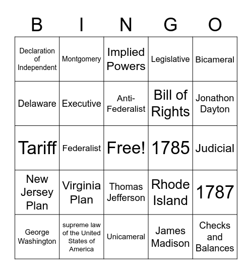 Federalist Era Bingo Card