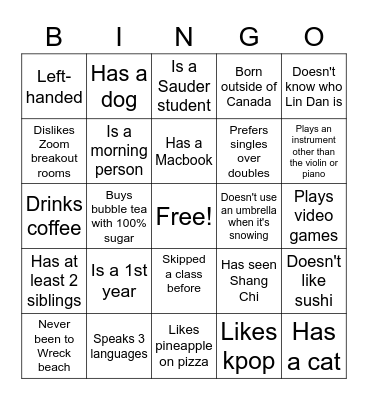 UBC Badminton Club BINGO Card