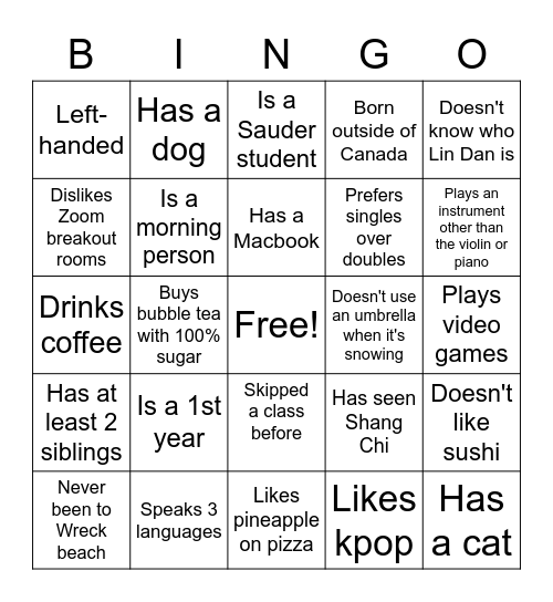UBC Badminton Club BINGO Card