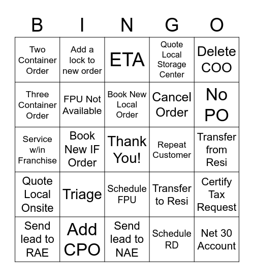 Customer Service Week - Sales Bingo Card