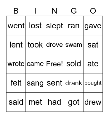 Irregular Verbs Bingo Card