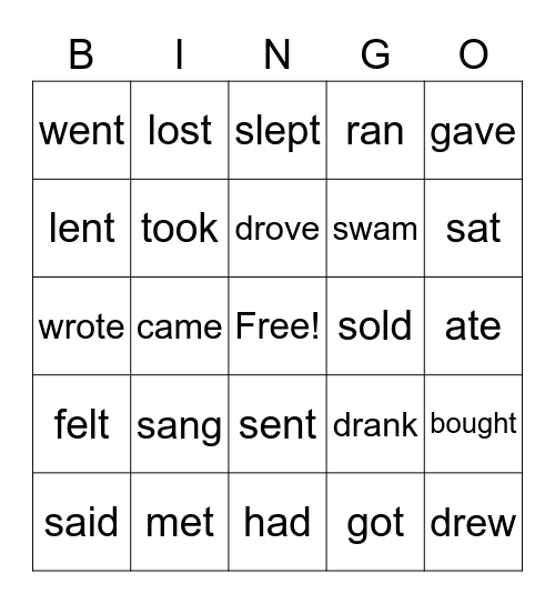 Irregular Verbs Bingo Card