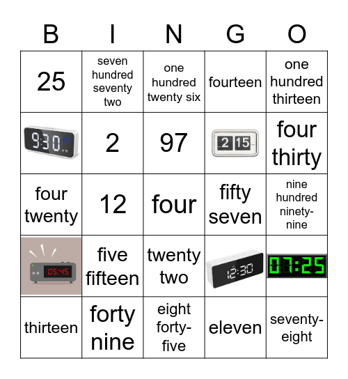 numbers/time Bingo Card