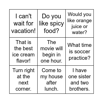SENTENCE BINGO Card