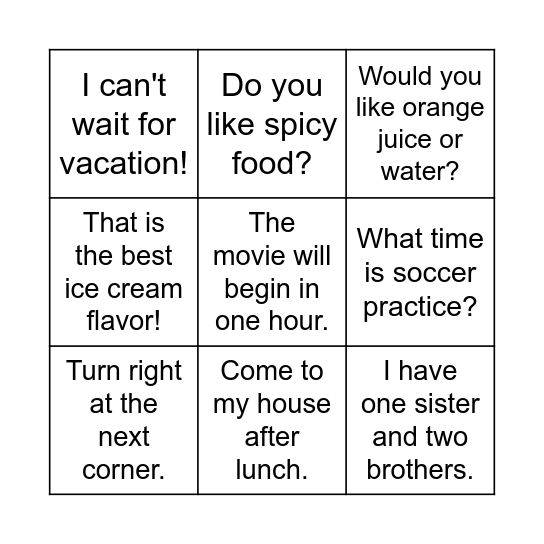 SENTENCE BINGO Card