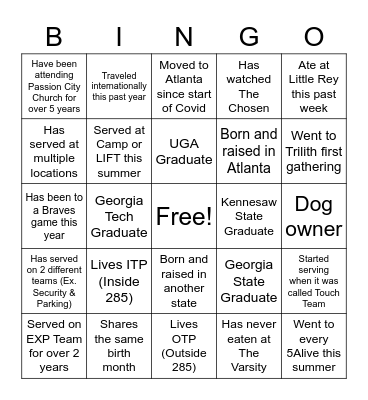 Experience Doorholder Team Night Bingo Card