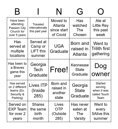 Experience Doorholder Team Night Bingo Card