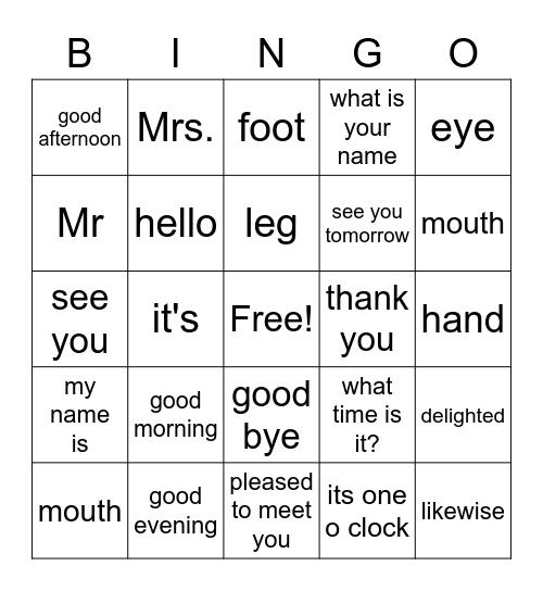 Spanish 1 - PE pg. 22 Bingo Card