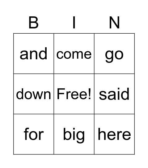 Sight Words 1 Bingo Card