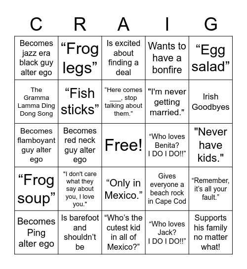 Craigism Bingo Card