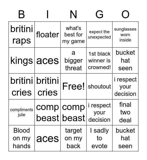 BB23 Finale Bingo Card