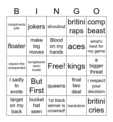 BB23 Finale Bingo Card