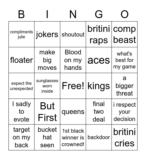 BB23 Finale Bingo Card