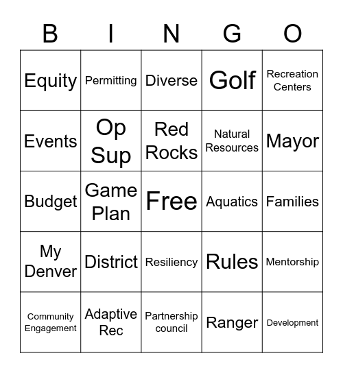 Denver Parks and Recreation Orientation Bingo Card