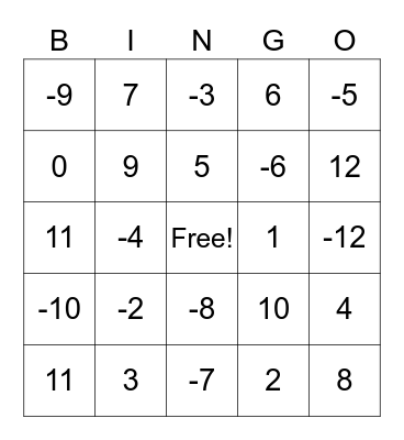 Addition and Subtraction Bingo Card