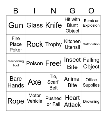 Murder Mystery Weapons Bingo Card