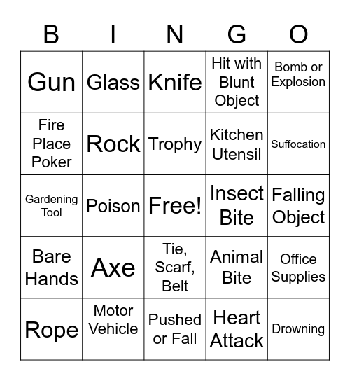 Murder Mystery Weapons Bingo Card