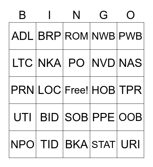 Med Term Bingo Card