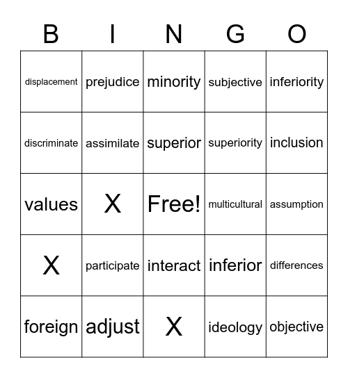 Identity Vocabulary Bingo Card