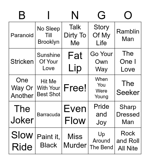 Guitar Hero #1 Bingo Card