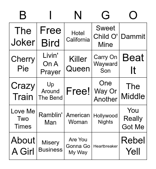 Guitar Hero #2 Bingo Card