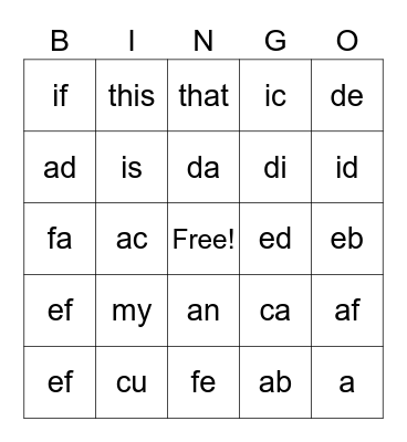 Phonics Bingo Card