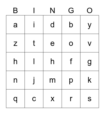 Lowercase Alphabet Bingo Card