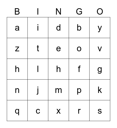 Lowercase Alphabet Bingo Card