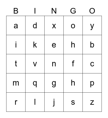 Lowercase Alphabet Bingo Card