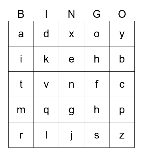 Lowercase Alphabet Bingo Card
