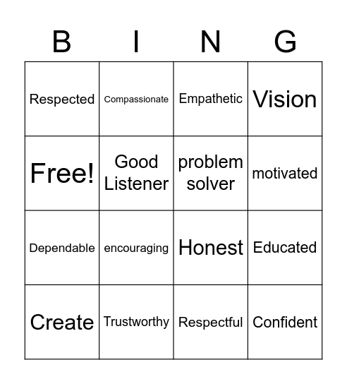 Leadership Characteristics Bingo Card