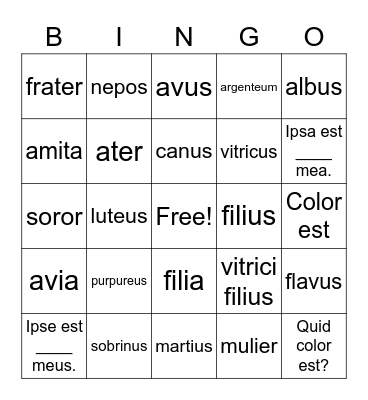 Latin Family Vocabulary Bingo Card