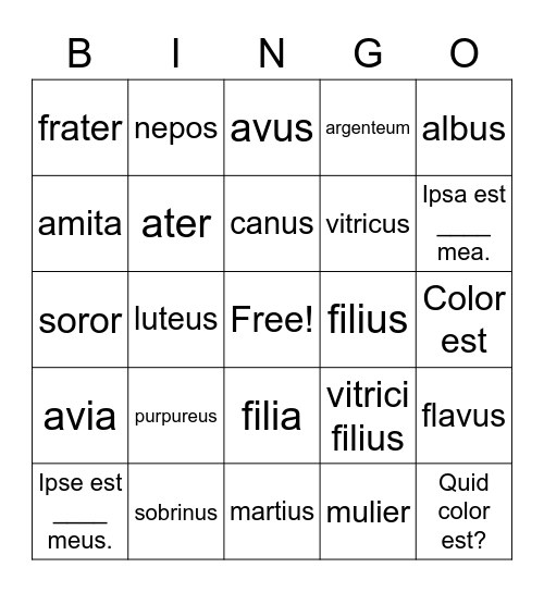 Latin Family Vocabulary Bingo Card
