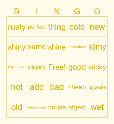 Word meanings Bingo Card