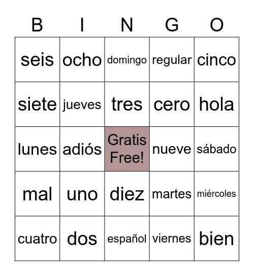 Spanish 1 Bingo Card
