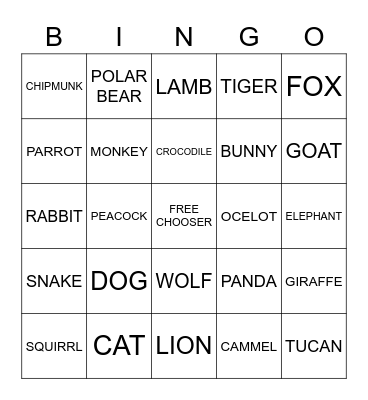 Animal Bingo! Bingo Card