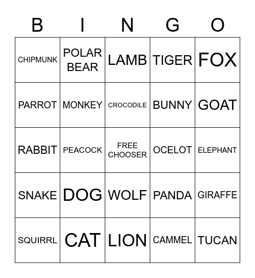 Animal Bingo! Bingo Card