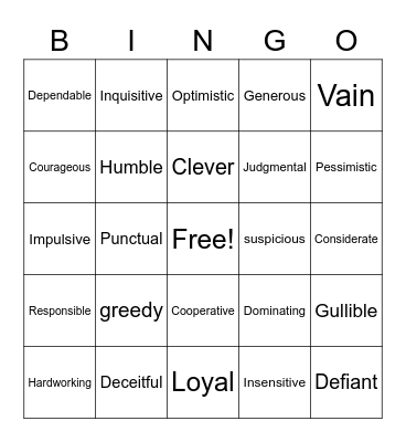 Character Traits Part 2 Bingo Card