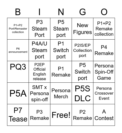 Persona 25th Announcements Bingo Card