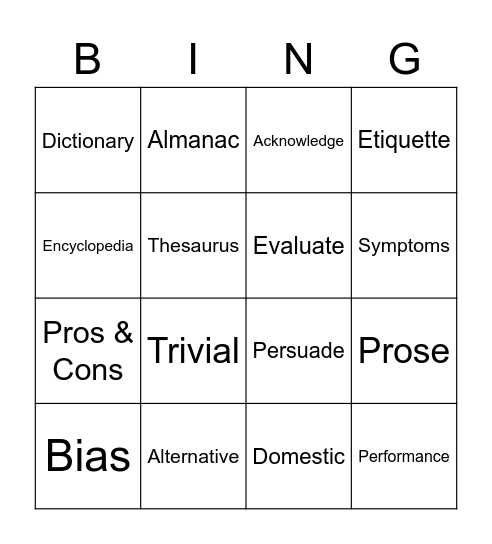 Vocab Bingo Card