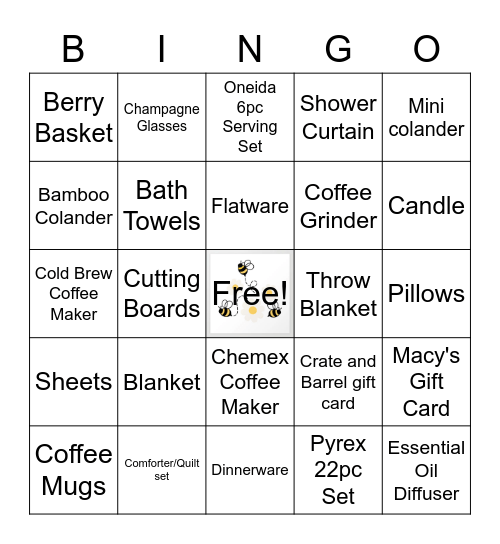 Natalie's Bridal Shower Bingo Card