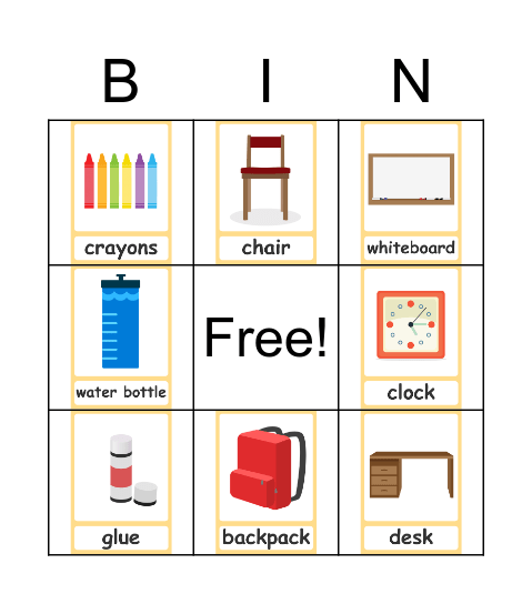 School Material Bingo Card