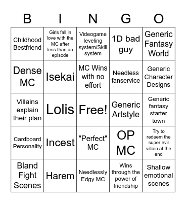 Generic Anime Bingo Card