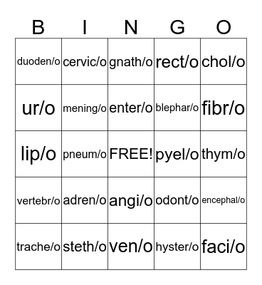 Combining Form Medical Terms Bingo Card